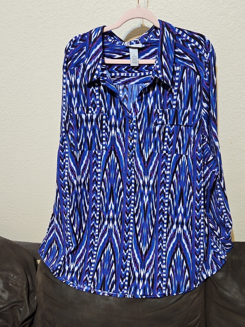 Catherines Blue and White Patterned Button-Front Women's Shirt